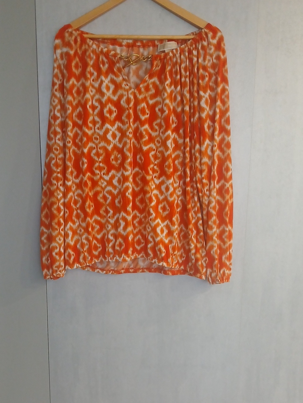 Michael Kors Orange and White Ikat Halter Blouse with Chain Accent
